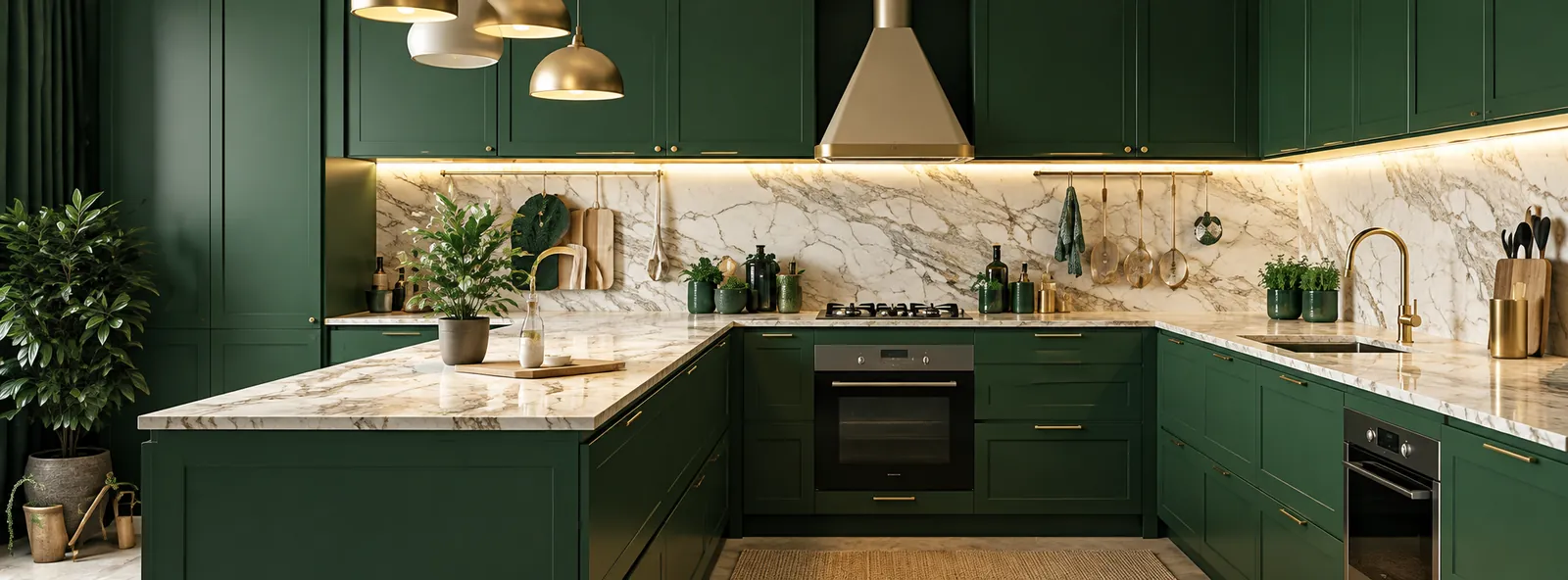 Green modular kitchen with marble countertops and brass fittings